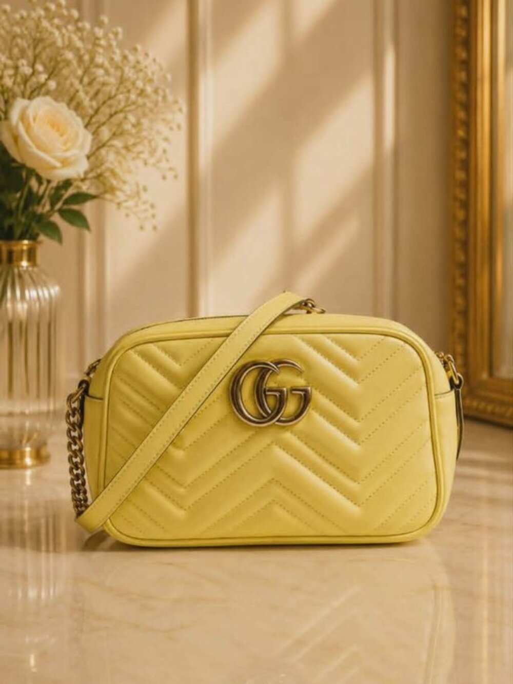 Authentic Gucci GG Marmont Matelassé Yellow Leather Camera Crossbody Bag Small